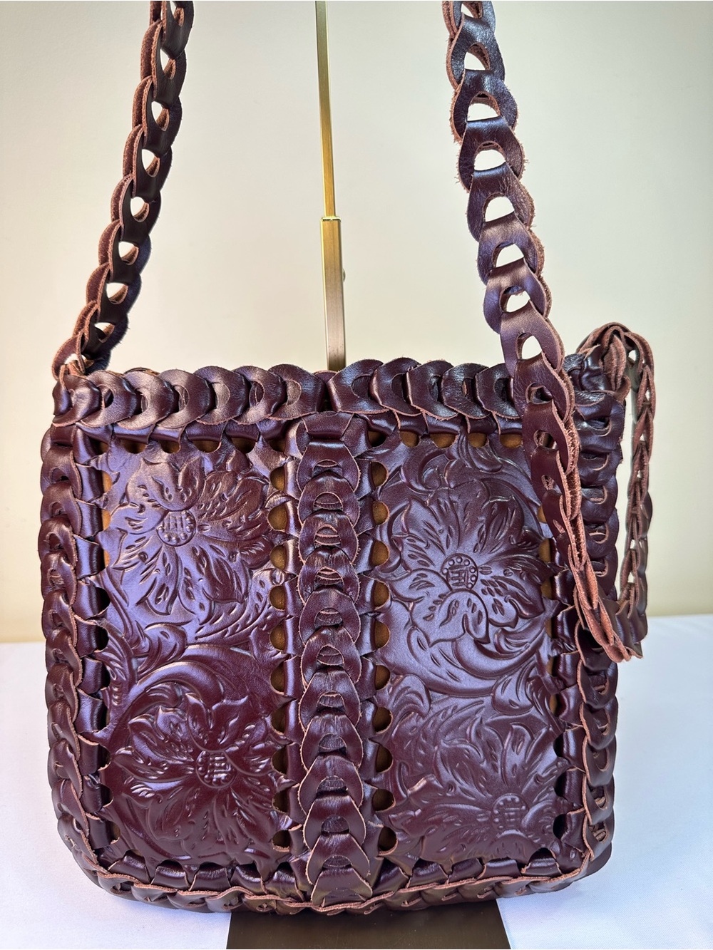 Patricia Nash Vaticci leather chainlink crossbody tooled floral Mahogony Bag